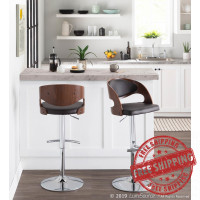 Lumisource BS-JY-PN WL+BN Pino Mid-Century Modern Adjustable Barstool with Swivel in Walnut and Brown Faux Leather 